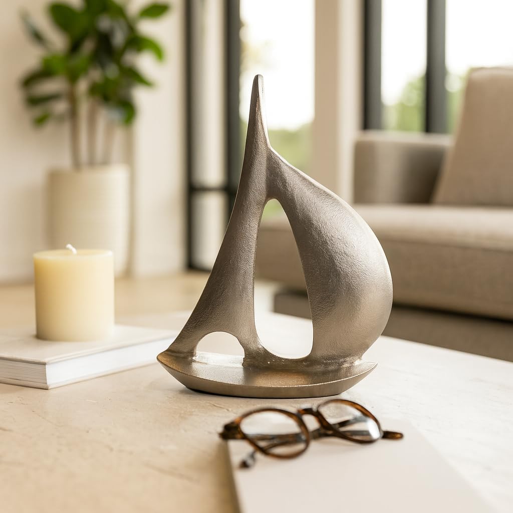 Stunning Sailboat Home Decor Sculpture - Elegant Design for Bathroom, Office, and Living Room Decor - Timeless Abstract Statues and Ornaments for Shelf Decor and Coffee Table Decor - 18", Silver