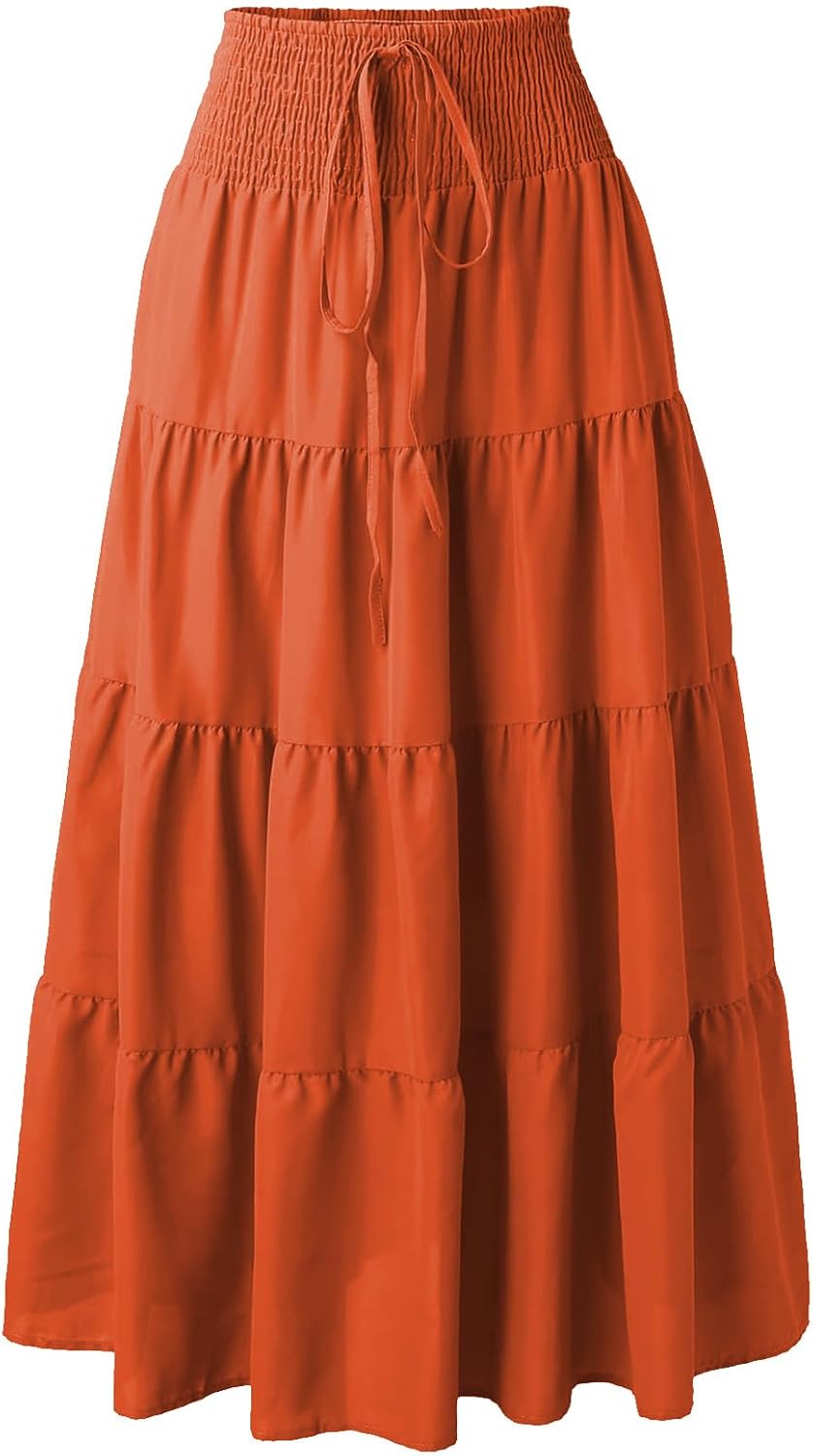 Adigaber Women 2in 1 Skirts High Waist Maxi Skirts Ruffles A Line Long Length Skirts with Drawsting