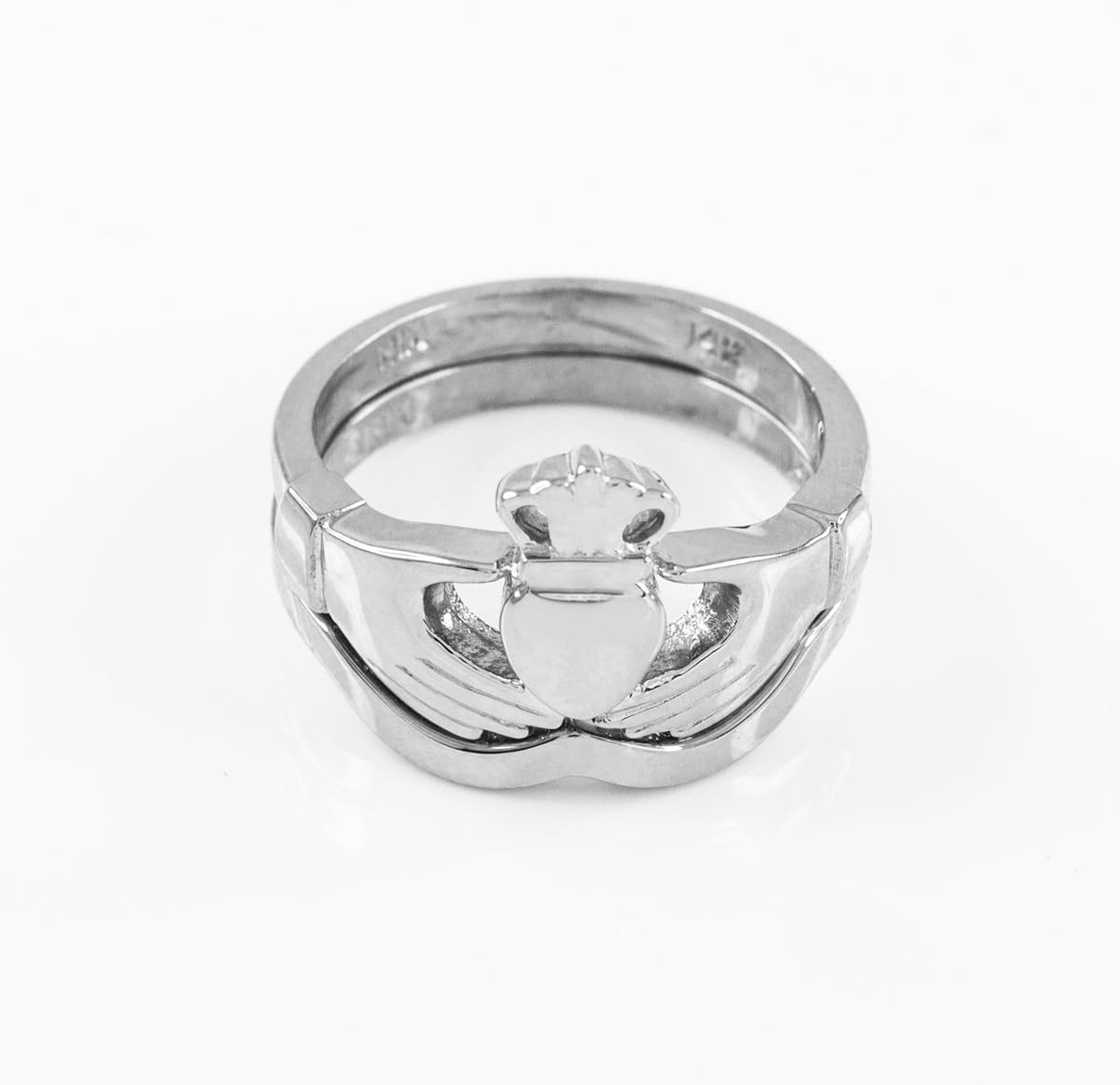 Solid 14k White Gold Two-Piece Claddagh Engagement and Wedding Ring Set