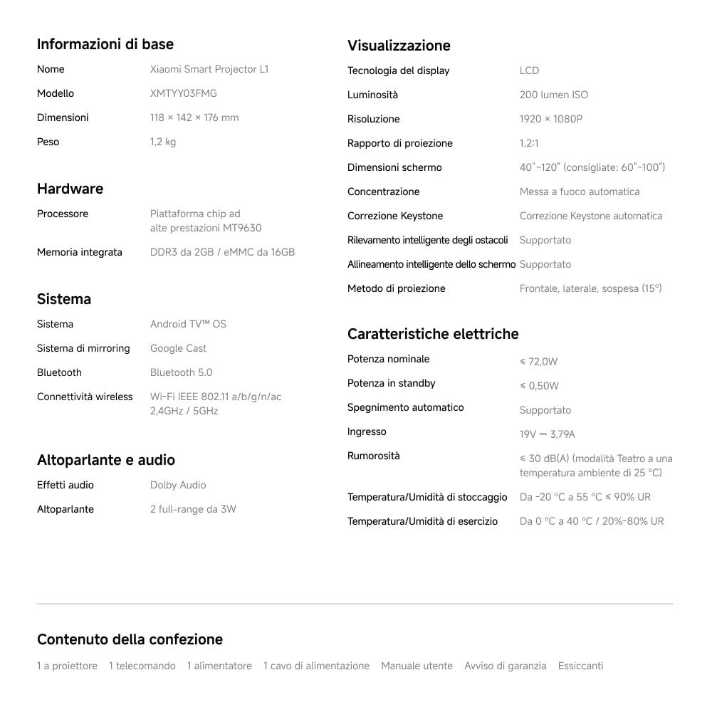 Xiaomi L1 Proiettore Intelligente 1080P con Google TV & Netflix, Proiettore Portatile Home Cinema, Autofocus & Keystone, HDR10/HLG, Schermo 120", WiFi 5G Bluetooth, Audio Dolby