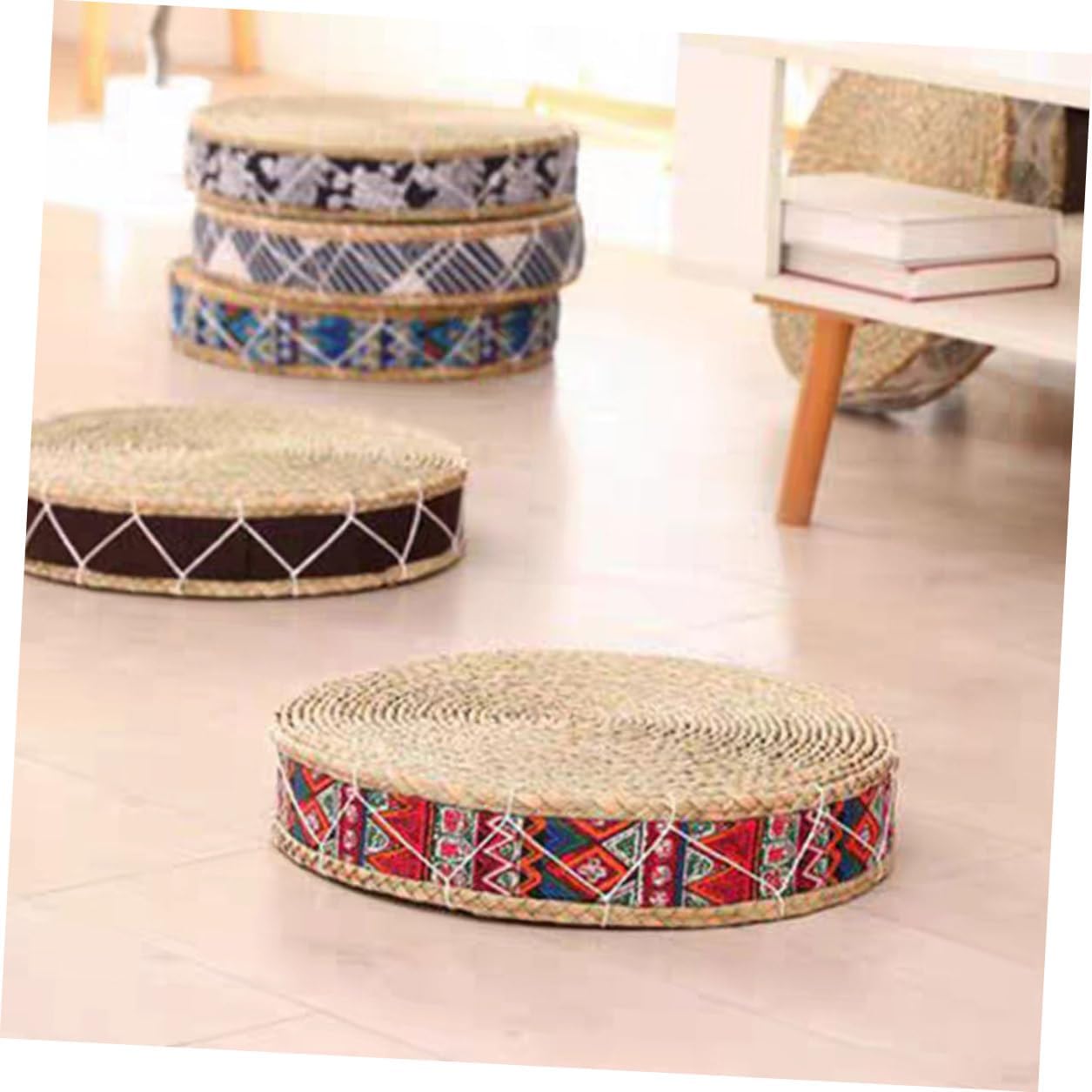 Straw Woven Meditation Cushion 30cm Diameter X 7cm Height Japanese Tatami Floor Pillow Bohemian Red Braided Seat Pad for Indoor Sitting and Zen Practice