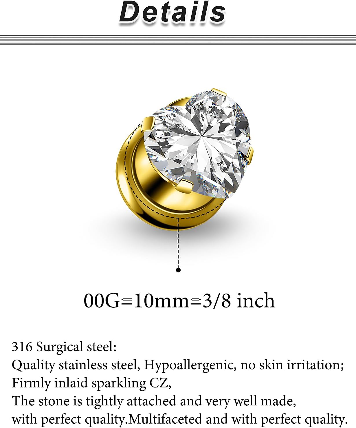 10G-00G Heart CZ Gauges for Ear 316L Surgical Steel Mirror Finish Single Flared Tunnels Plugs Earrings Internally Threaded Diamond Ear Gauges Piercing for Women Men Silver Black Gold 1 Pairs