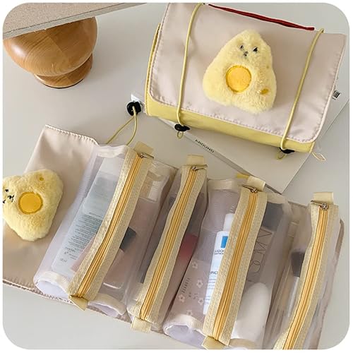 Bolsa de cosméticos Kawaii de viaje, bolsa organizadora de maquillaje, bolsa organizadora de maquillaje, bolsa de aseo colgante extraíble (amarillo)