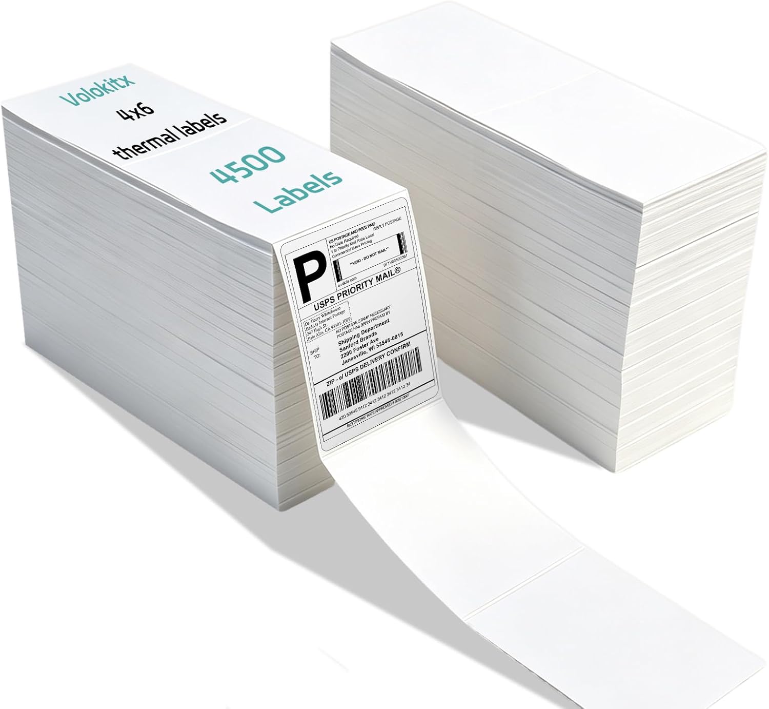 4500Pcs 4"x6" Thermal Shipping Labels – 2 Stacks of 2250, Fanfold Direct Thermal Labels Compatible with Rollo, Zebra, and More Printers, for UPS, FedEx & USPS