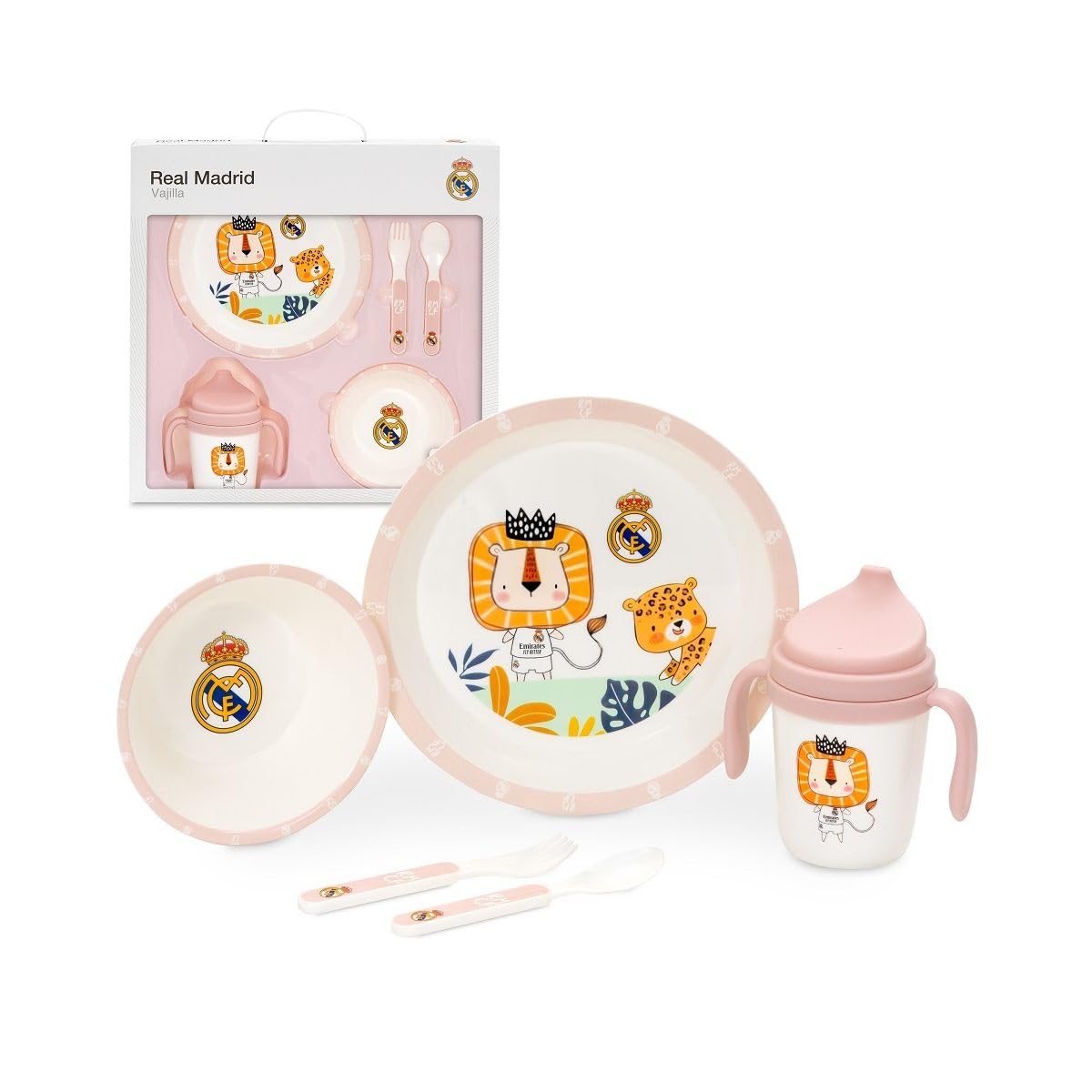 Interbaby - Set de Vajilla Infantil 5 Piezas Real Madrid Rosa | Plato llano, Bol, Cubiertos y Vaso antigoteo | Apto para Lavavajillas | Apto para Microondas | Licencia Oficial | Libre de BPA