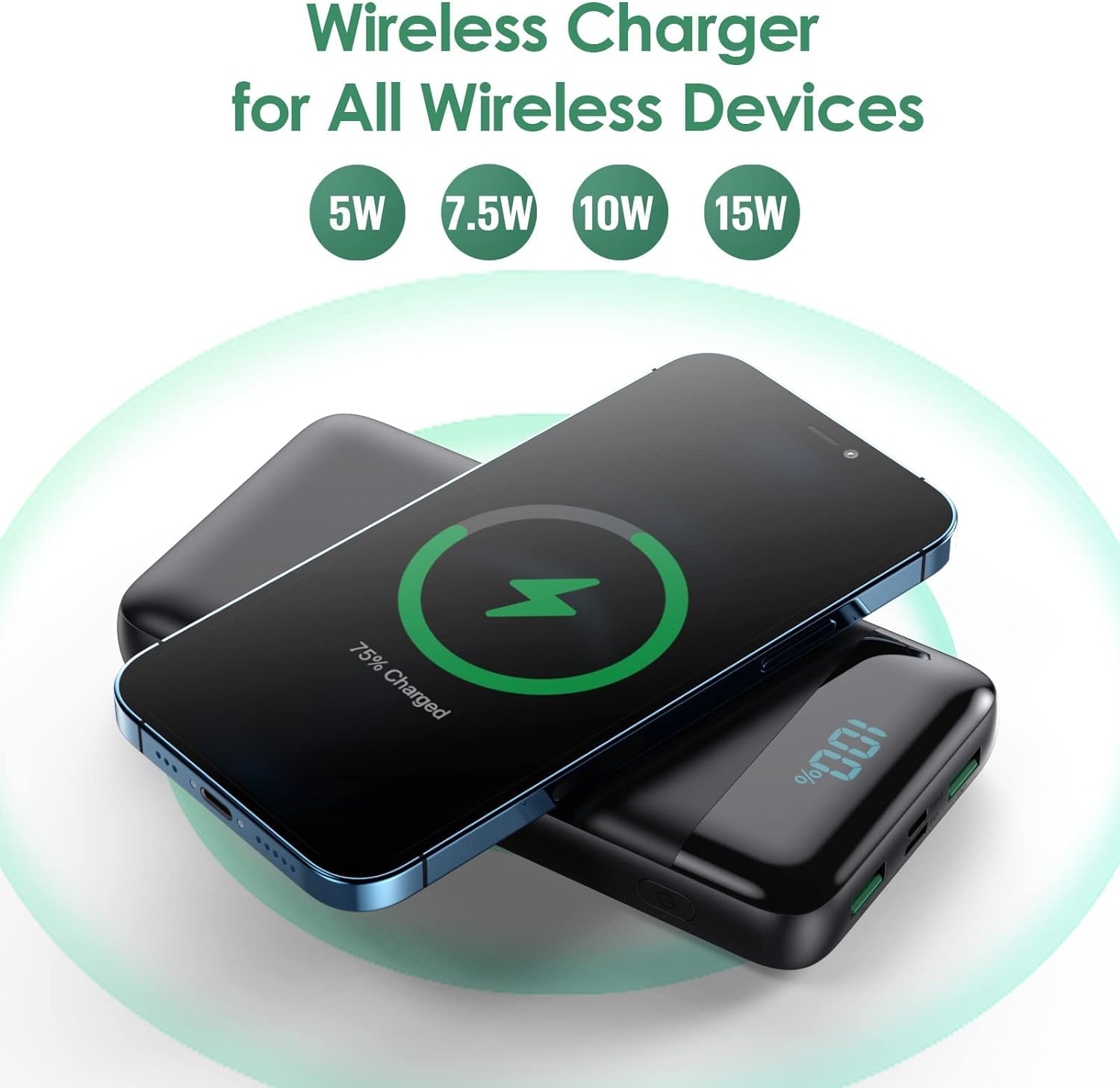 Wireless Powerbank Schnellladen 26800mAh, Power Bank 25W PD3.0+QC4.0, 15W Wireless Charger Powerbank 4 Outputs USB C Externer Akku mit LCD Display Kompatibel mit iPhone Huawei Samsung Oppo-Schwarz