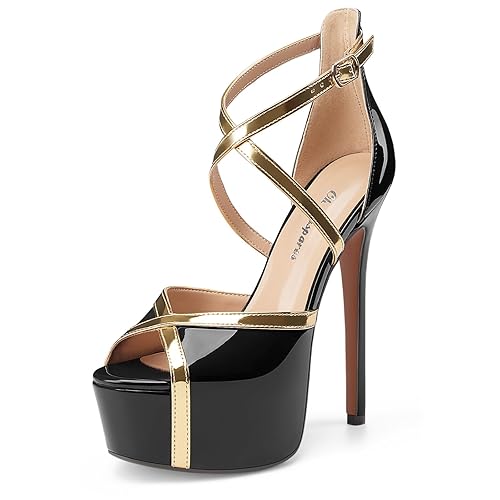 Oh Mispares Stiletto High Heel Sandals Platform Peep Toe Gold Crisscross Strappy Buckle Comfy 6 inch Heeled Spring Summer Sandals for Women Dressy - Black - 9.5
