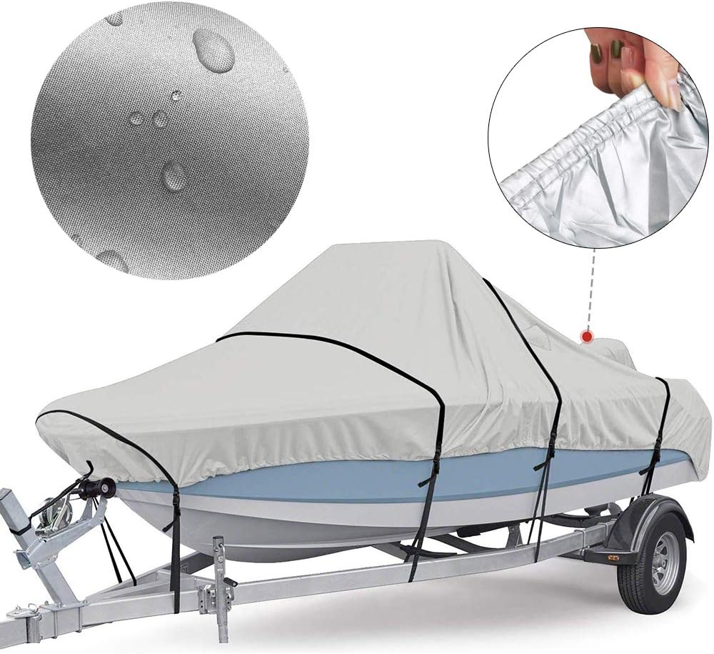 KKmoon Boat Cover Yacht Outdoor Protection Waterproof Heavy Duty Silver Reflective 300D Oxford Fabric Anti-smashing Durable and Tear Proof Fits V-HULL TRI-HULL Runabouts and Bass Boats 16-18FT