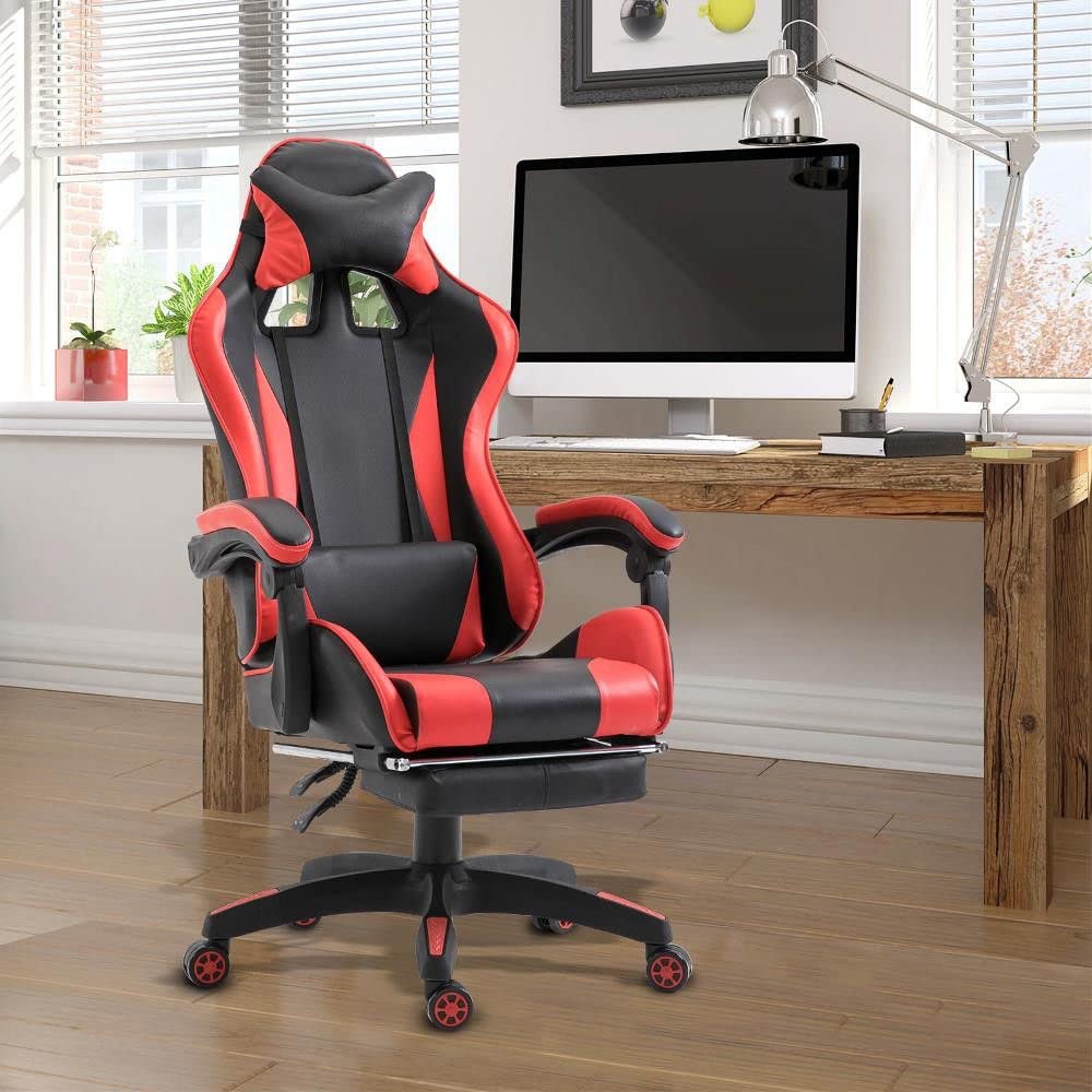 Cribel Poltrona da Gaming Racing Omega con poggia piedi, in similpelle, 3 colorazioni disponibili (Nero/Rosso), 61x51x120/130 cm