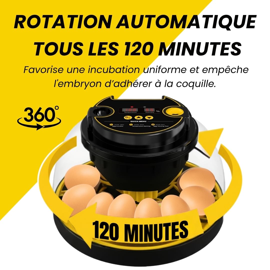 COUVEUSE ŒUFS AUTOMATIQUE pour tous types d’oiseaux | 12-16 œufs | contrôle température, humidité et retournement | calendrier, mangeoire, abreuvoir, guide | sans batterie, secteur 35W