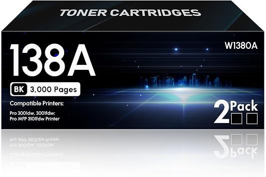 138A W1380A Toner Cartridge 2-Pack, Black Replacement for HP 138A 138X W1380A W1380X Black Toner Cartridge for Laser Pro 3001dw 3001fdw Laser Pro MFP 3101fdw Printer Toner Ink