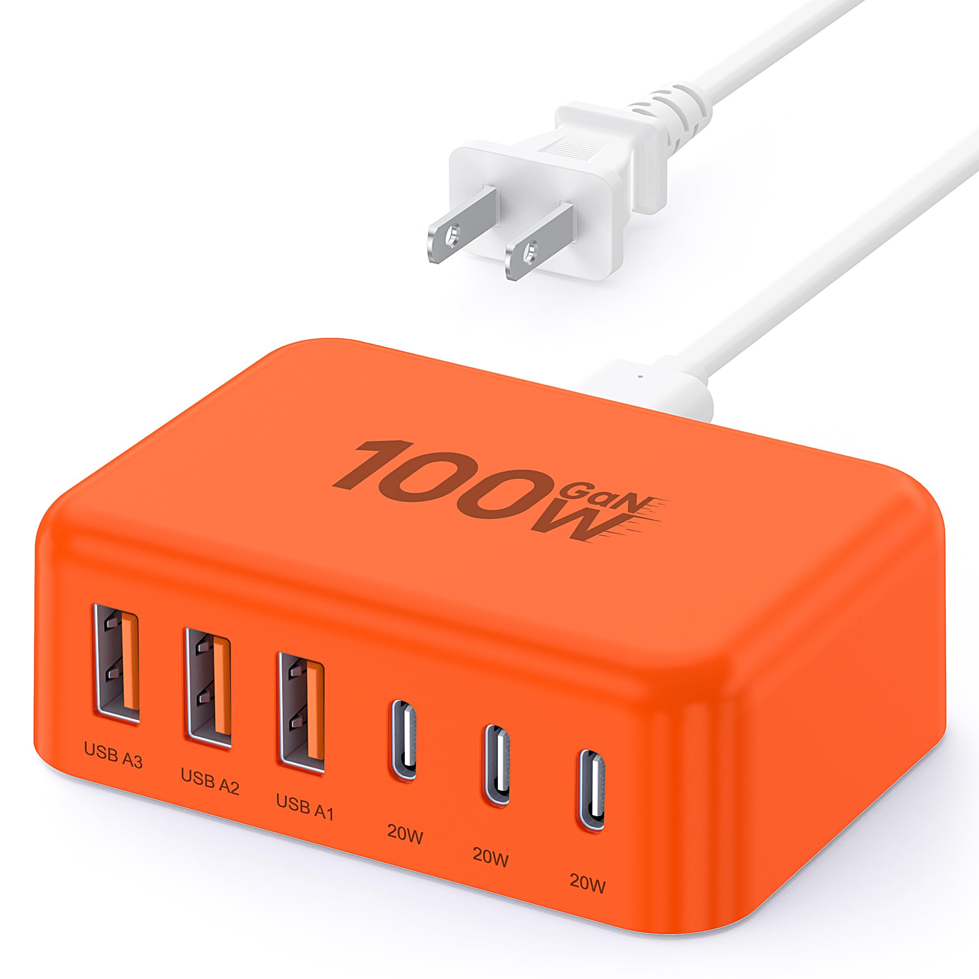 USB Fast Charger Block 50% Smaller 100W Max 6-Port GaN USB Charging Station