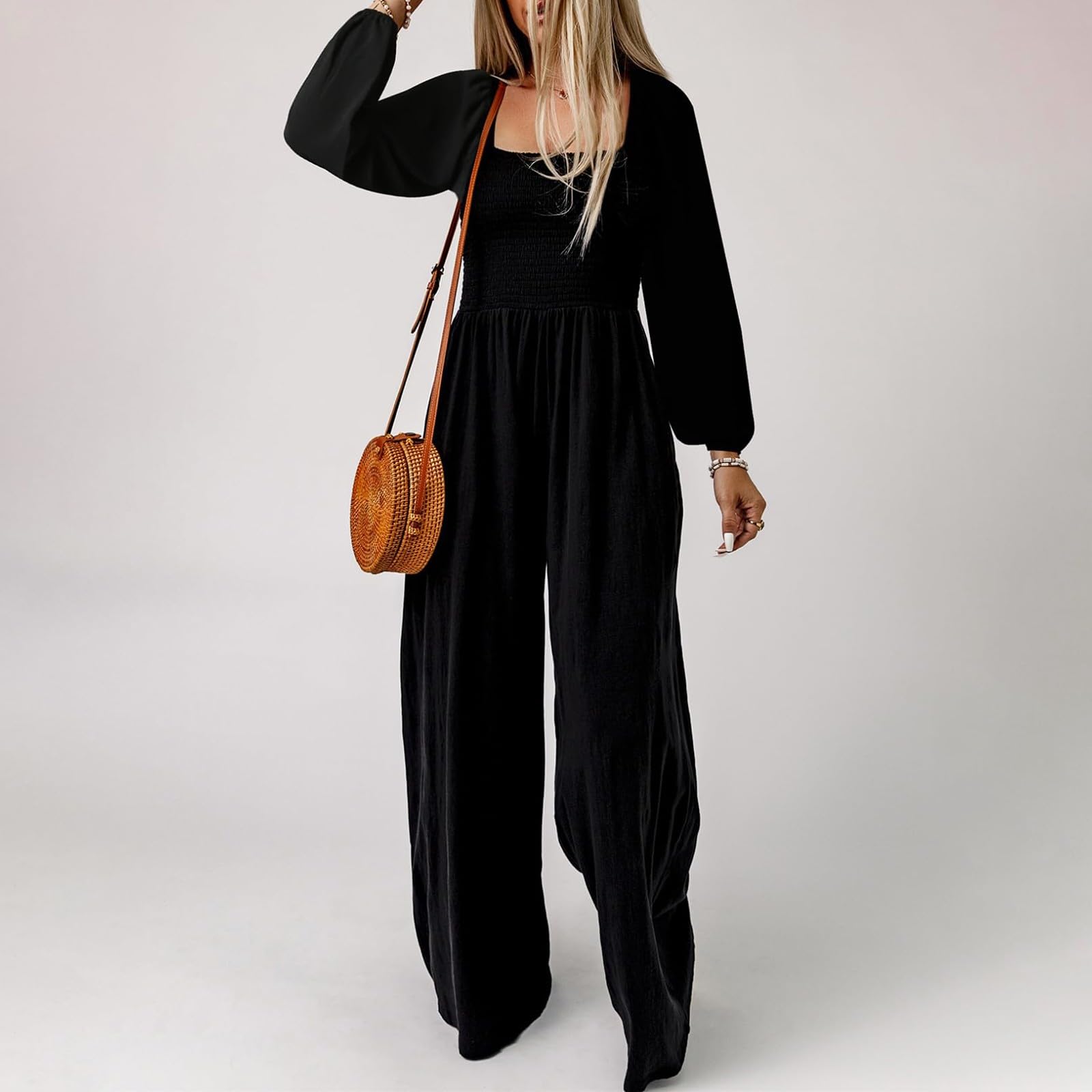 Casuale Loose Bib Pants Tuta Tuta a gamba larga, a maniche lunghe, tinta unita, elegante, per il tempo libero, elasticizzati, morbidi e traspiranti, con tasche