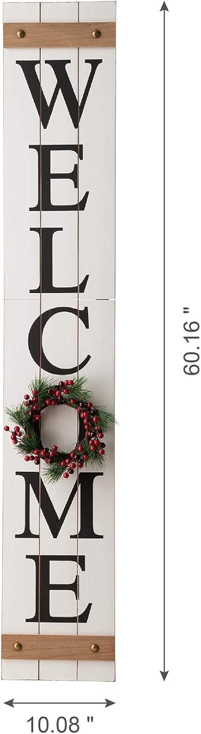 Glitzhome Wooden Welcome Sign for Porch Front Door Outdoor Rustic Farmhouse Vertical Hanging Wall Decor with Changable Wreathes, 60"H, White