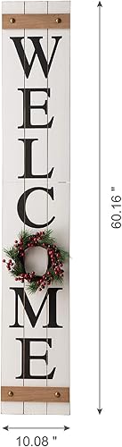 Miniatura 5 de Glitzhome Letrero de bienvenida de madera para puerta delantera de porche, estilo rústico de granja, colgante vertical al aire libre con coronas