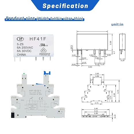 (2Pcs)5V Silm Relay Din Rail;DC 5V;HF41F/5-ZS 5 Pin 1NO 1NC 6A SPDT with LED Indicator with Socket Base;Max 6A 250VAC;