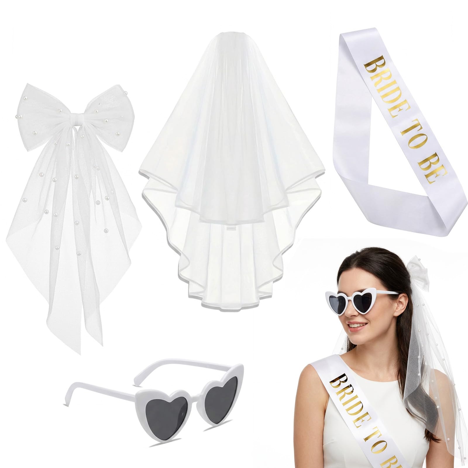 4 PCS Bride to Be Sash and Veil Set, Wedding Day Essentials, Bride Sash with Decorative Elements, Ideal for Bridal Showers and Ceremonies, Complete Bridal Party Outfit Enhancement
