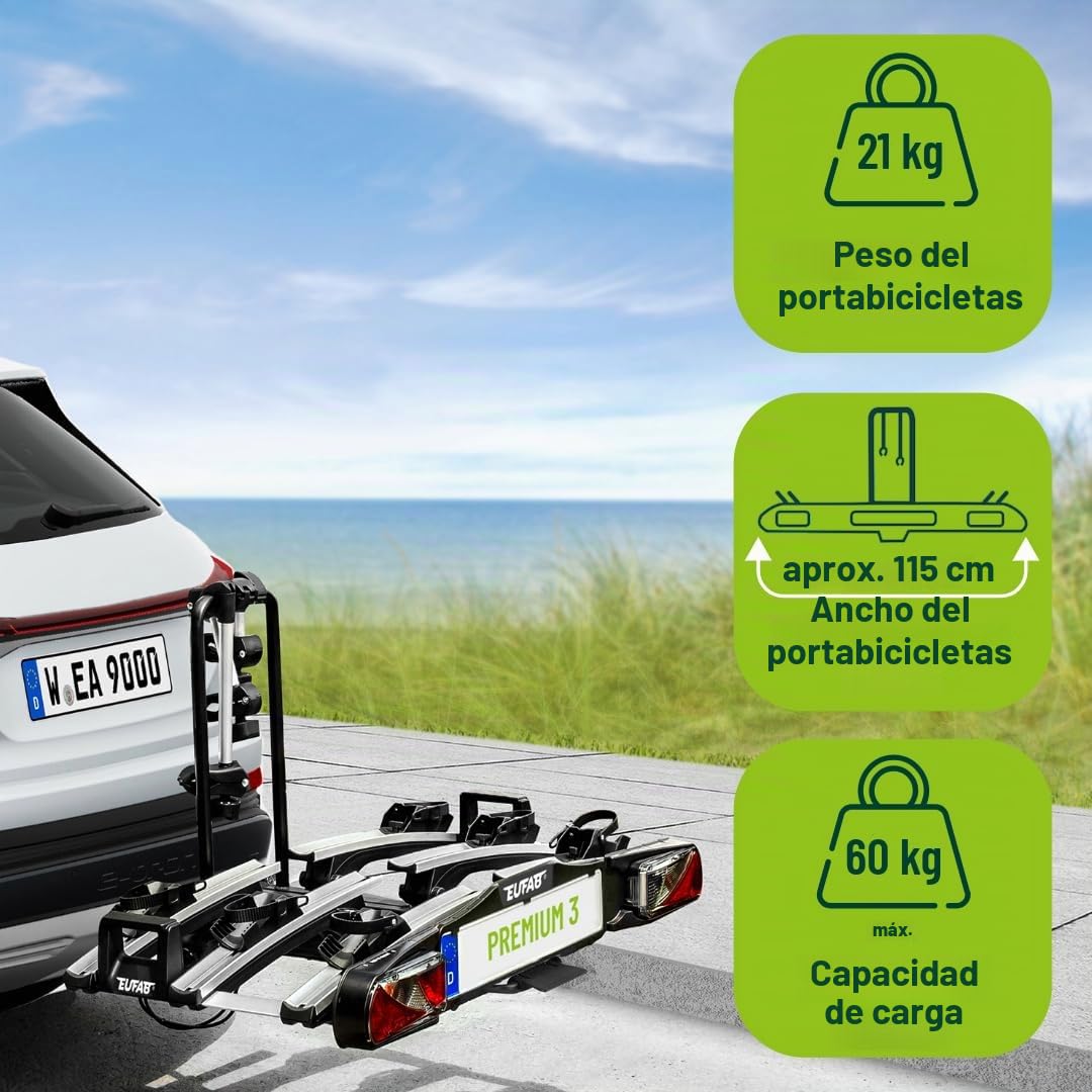 EUFAB Portabicicletas 11522 PREMIUM 3, para enganche de remolque, plegable, para 3 bicicletas