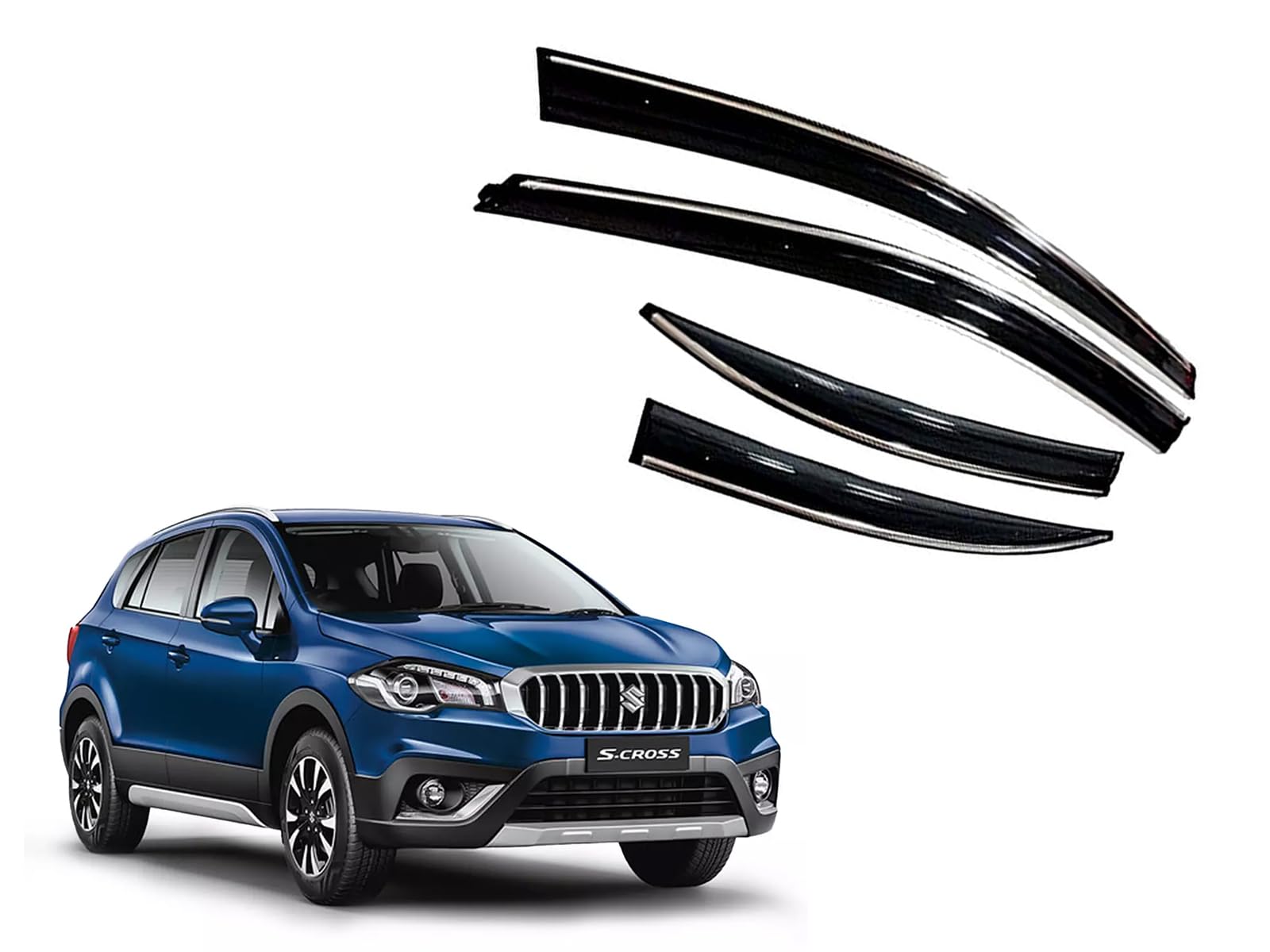 CAR SAAZ Unbreakable Chrome Line Door Visor for S-Cross (2017-2020)(Set of 4Pcs) | Rain Guard | Wind Deflector