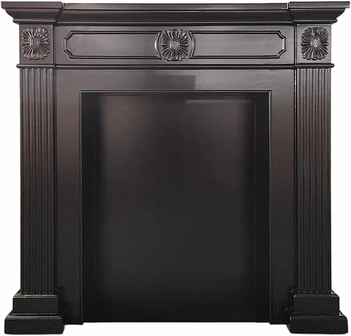 Fireplace Mantel Surround Black Solid Birch Wood Traditional Fireplace Mantel with Carvings and Fluted Columns(Medium)