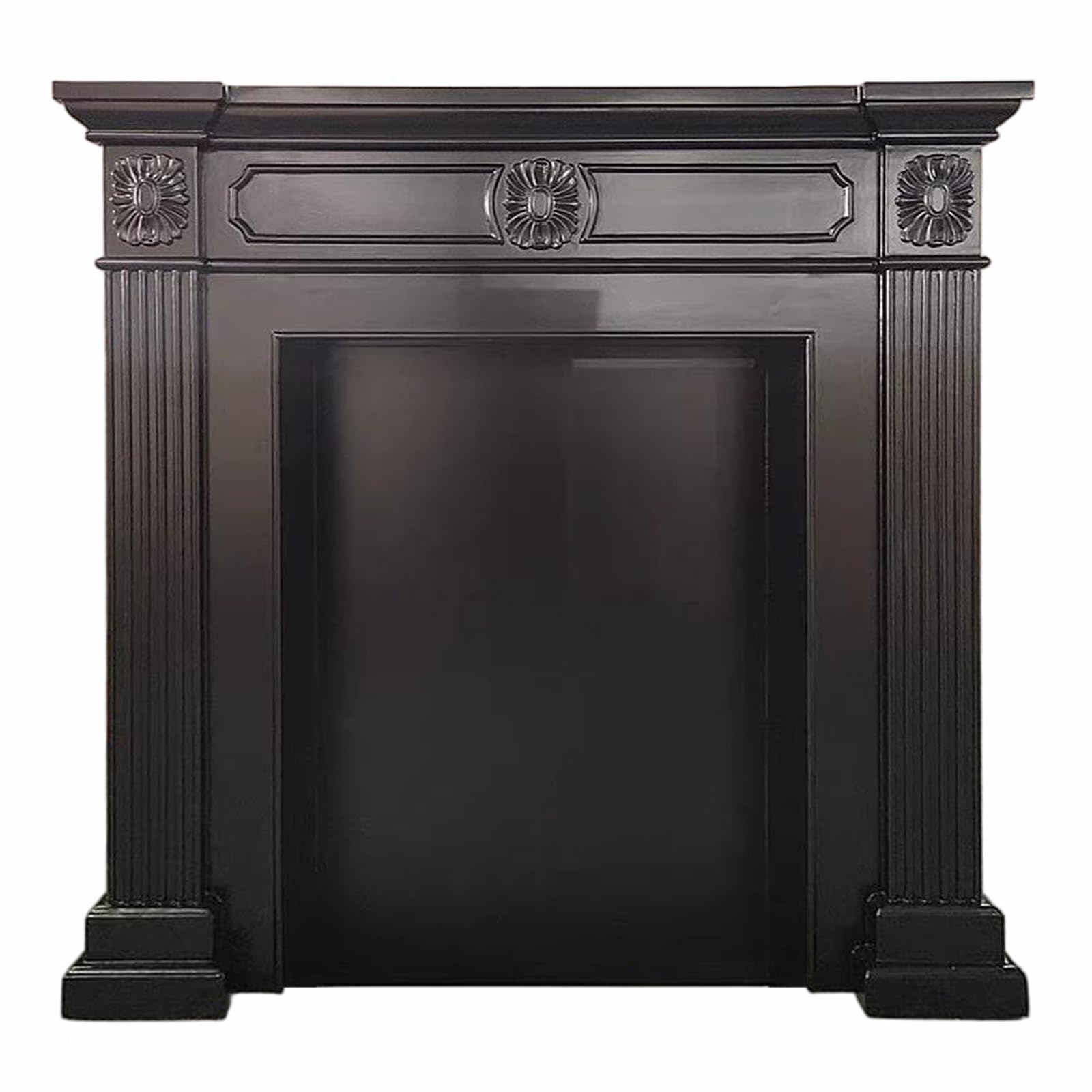 Mantels Surrounds Black Solid Birch Wood Traditional Fireplace Mantel with Carvings and Fluted Columns Decorated Frame(Small)