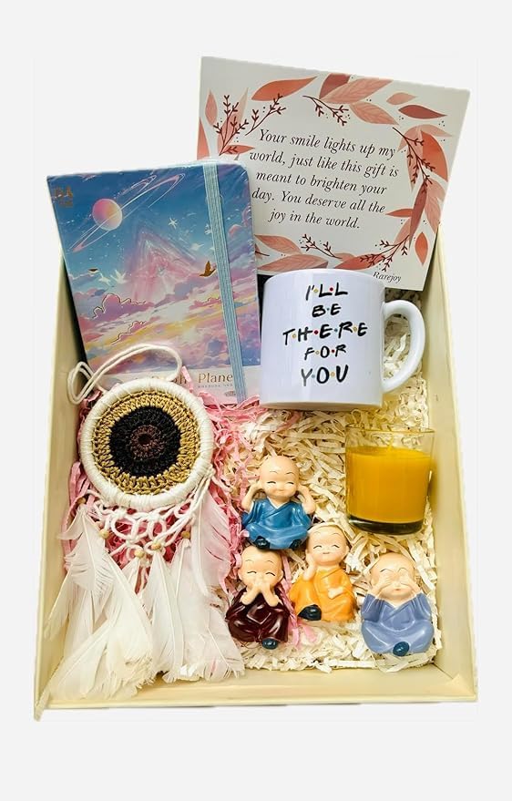 Rarejoy Gift for Women Wife Girlfriend Birthday Anniversary Dreamcatcher Cute Budha Monks Mug Candle Diary Greeting Card Set of 5