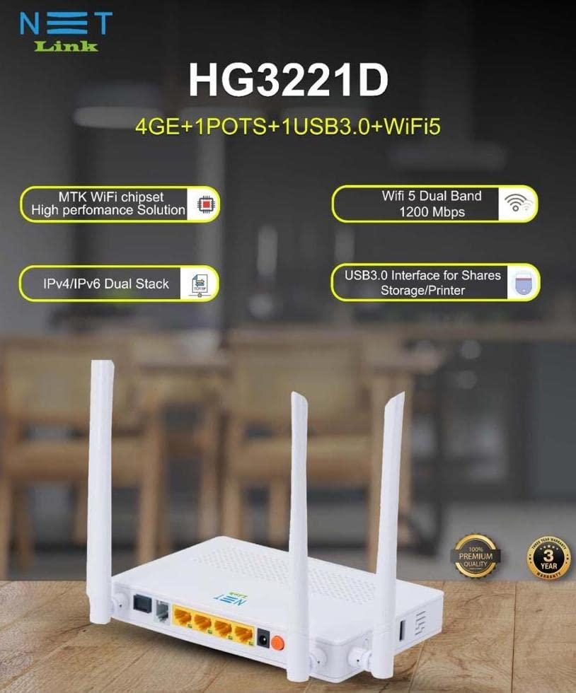 Netlink GPON ONT (4GE+1POTS+ 1USB3.0+ AC WiFi) (HG3221D) 5GHz Dual Band ...