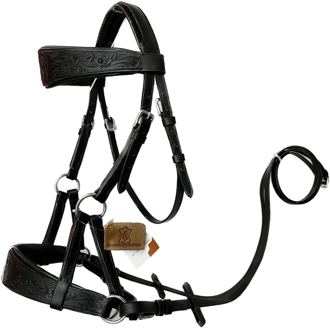 Sidepull Bitless Bridle with Designer Hand Carving On Brow & Noseband Oval Shaped Full Black