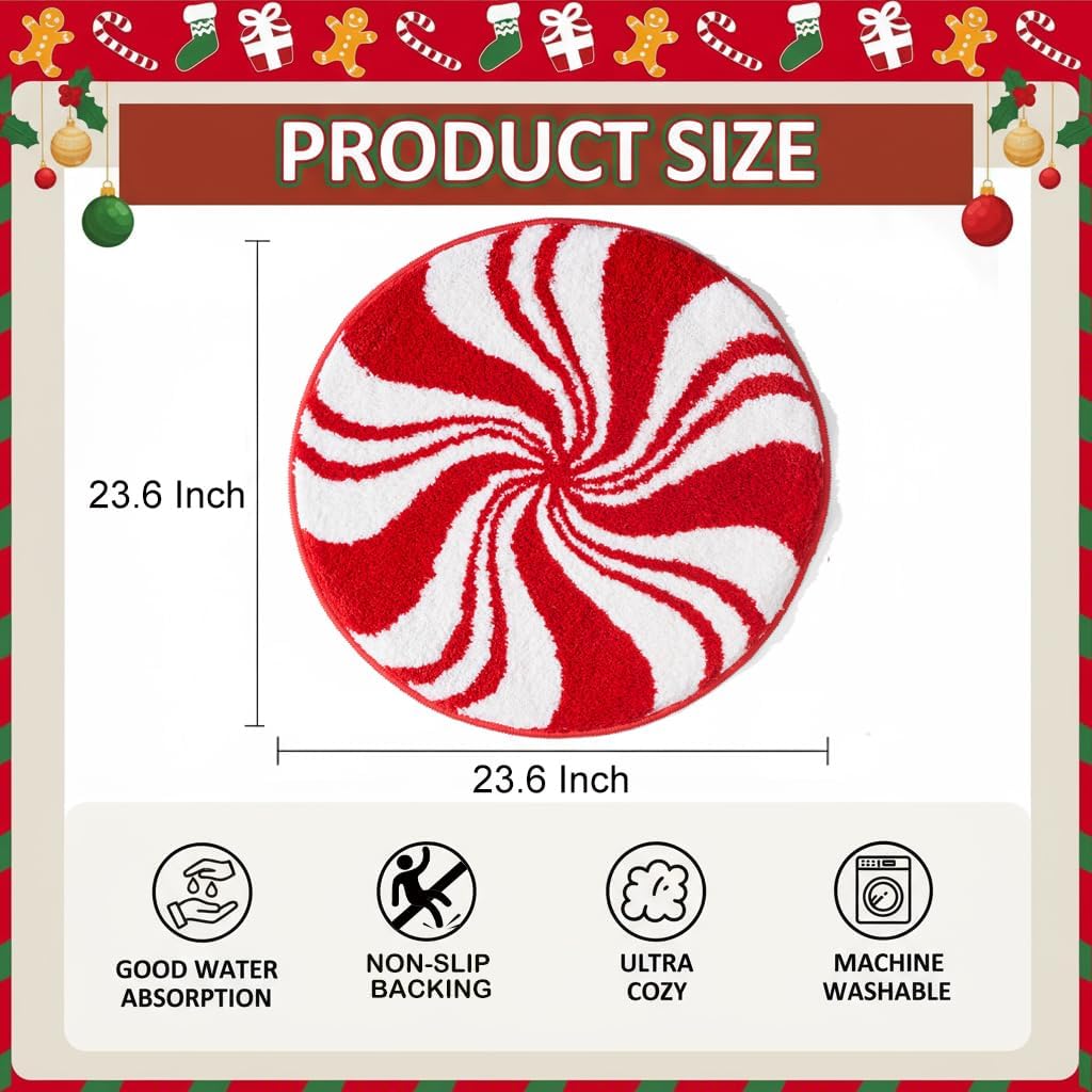 Christmas Bathroom Rugs, Candy Cane Bath Mat for Peppermint Christmas Decor, Winter Rugs Decorations, Absorbent Bathtub Doormats Non Slip Washable, 24 x 24 Inch