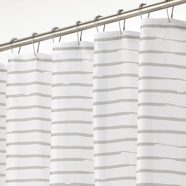 mDesign Luxury Shower Curtain  Cool Shower Curtain with Striped Pattern  Easy to Clean Bathroom Curtain  Mould-Free and Water-Repellent  White/Light Grey
