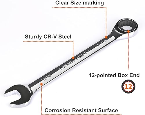 Miniatura 133 de Egofine Llave combinada de trinquete de 7/16 pulgadas SAE, llave de engranajes de grado industrial con diseño de 12 puntos, trinquete de 72 dientes
