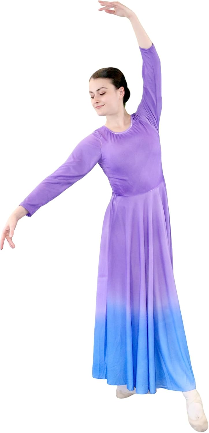Danzcue Womens Praise Loose Fit Full Length Long Sleeve Dance Dress,Watercolor Praise Dance Dresses for Women, Purple-Blue