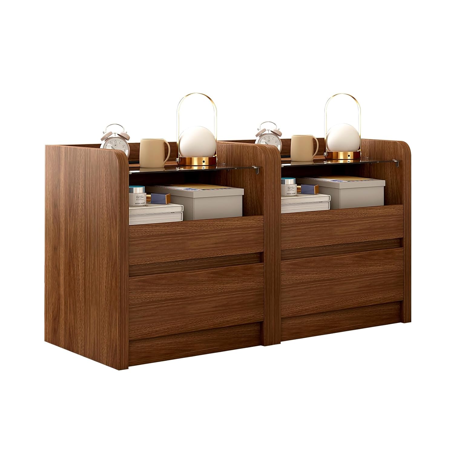 Modern Nightstand for Bedrooms Set of 2 20 Wide w Charging Station Curved Anti-Collision Design Mid-Century Storage Cabinet