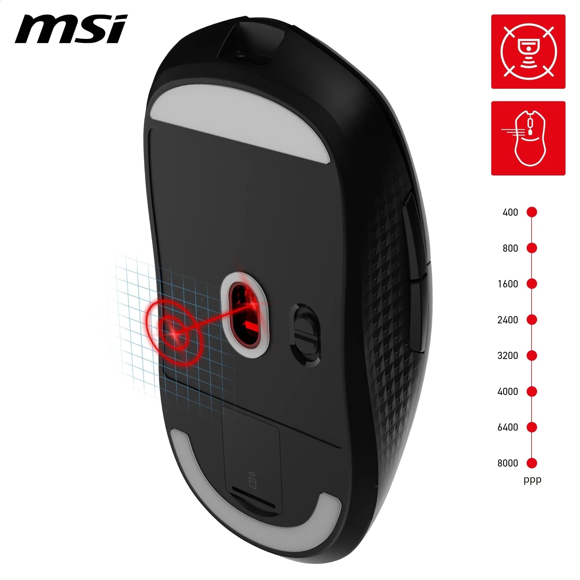 MSI Versa 300 Wireless Souris Gaming - Capteur Optique 8000 DPI, taux de Rapport 1000 Hz, symétrique, Micro-switches Kailh 30M+ clics, 6 Boutons, Batterie 50h, Latence 1ms, RGB, 60g - avec/sans Fil