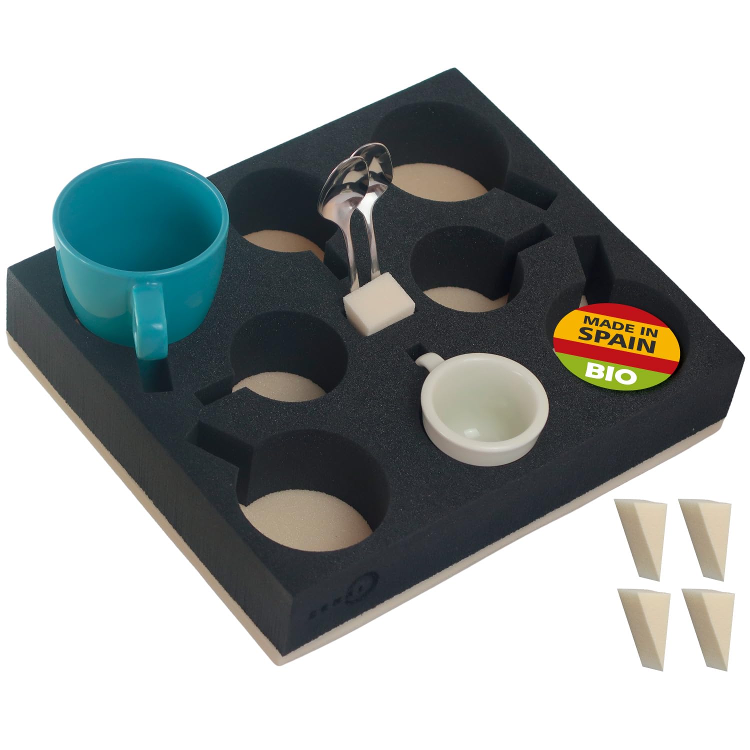 ZENKI Supporto per tazze per camper (8 tazze, 8 cucchiai, 4 cunei di fissaggio), materiale biologico. Per camper, roulotte, barche. Supporto per bicchieri e tazze per roulotte Airstream. Accessorio