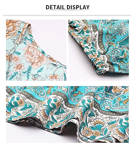 Jelly Brynn Vintage Ethnic Style A-Line Midi Dress Tie Neck Floral Pattern (Blue, Xl) #TOP4