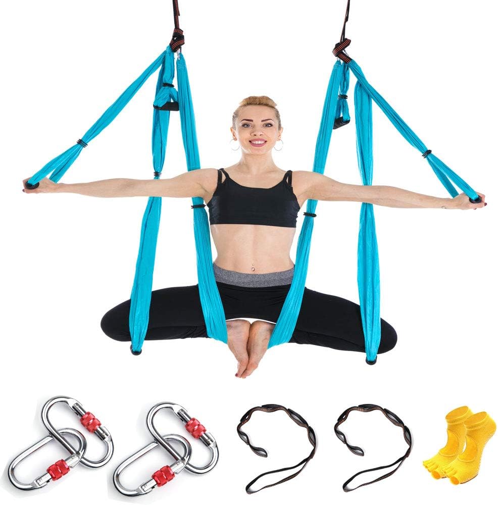 Himifuture 6 Handles Aerial Yoga Hammock Flying Yoga Swing Home Yoga Hammock for Pilates Body Shaping with 4 carabiners, 2 1m extension Belts, 1 Carry Bag