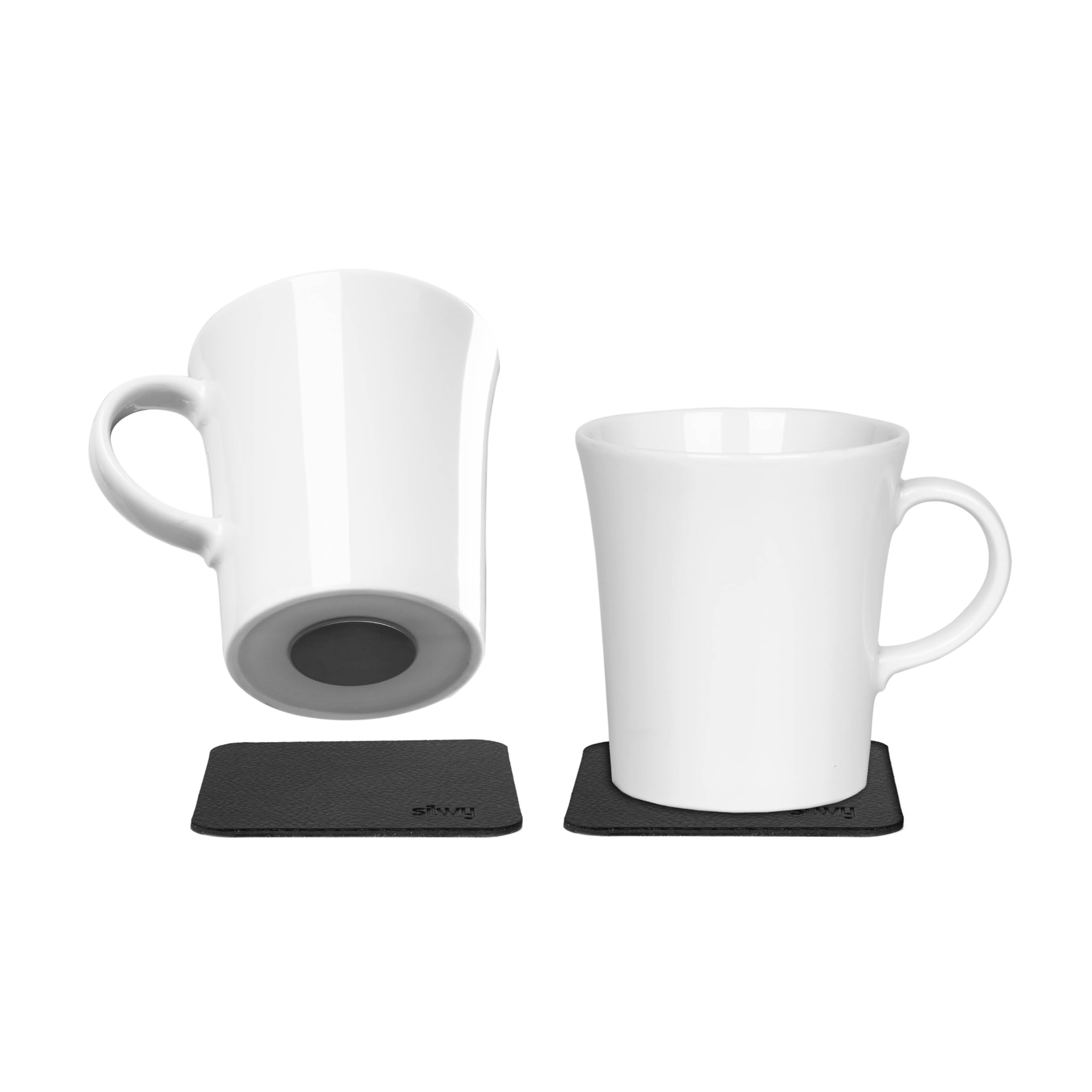 silwy® Porcelain Magnetic Handle Cups (Set of 2) Including Two Metal Nano Gel Pads Black Non-Slip Camping and Caravanning Cups, Boat and Yacht Accessories