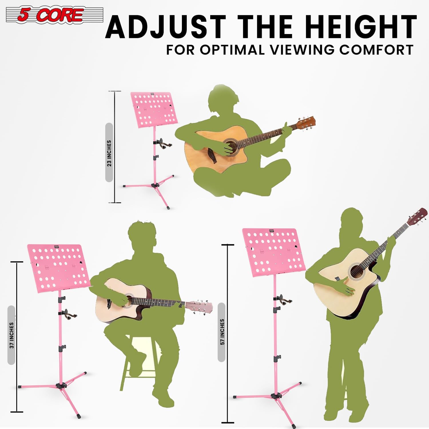 5Core Music Stand for Sheet Music Tripod Height Adjustable Portable Folding Note Holder Atril para Partituras w Light Clip - MUS FLD HD Acc PNK