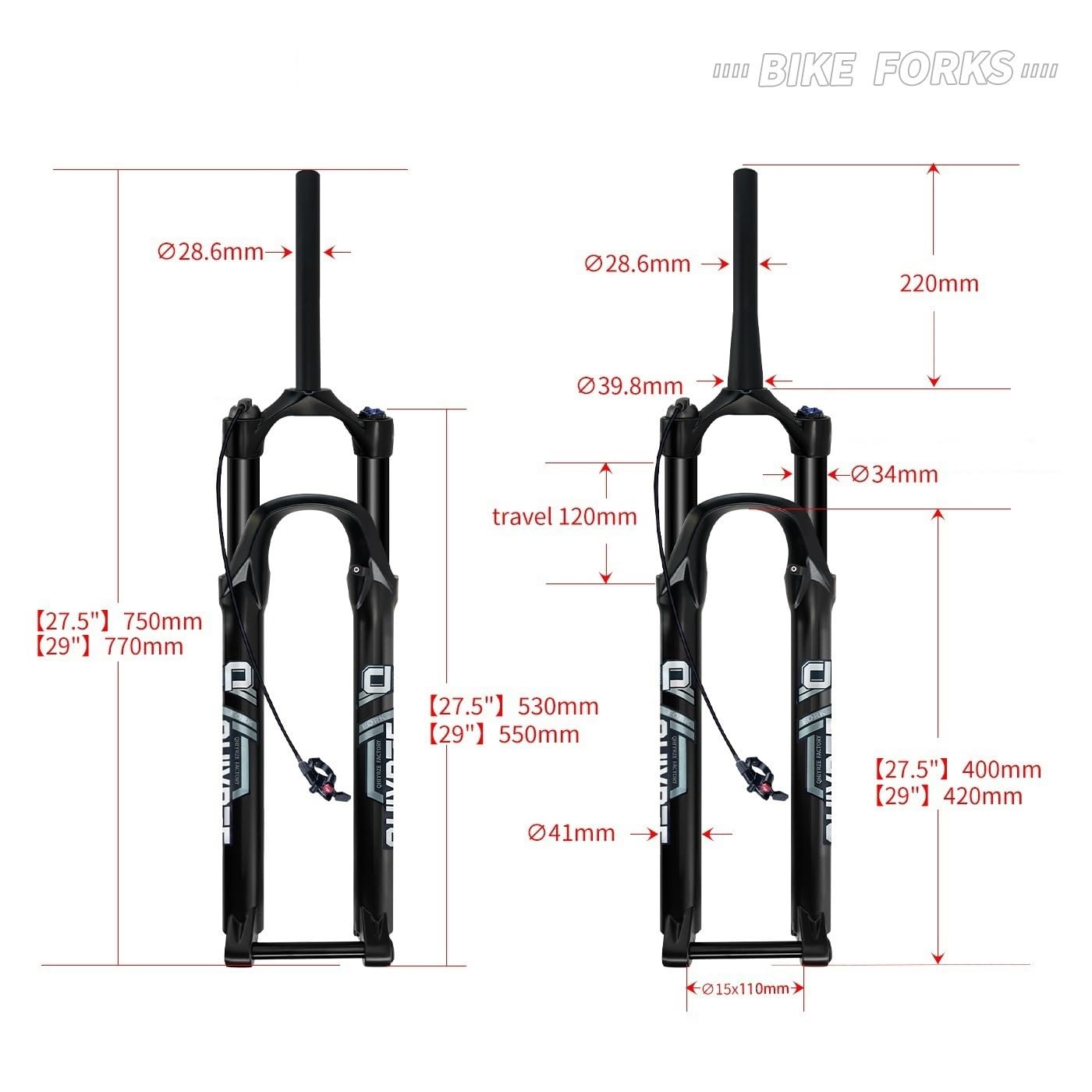 Horquilla De Suspensión Bicicleta De Montaña 27.5/29'' Boost MTB Horquilla De Aire Recorrido 120mm Ajuste De Rebote 15x110mm Eje Pasante Horquilla Delantera