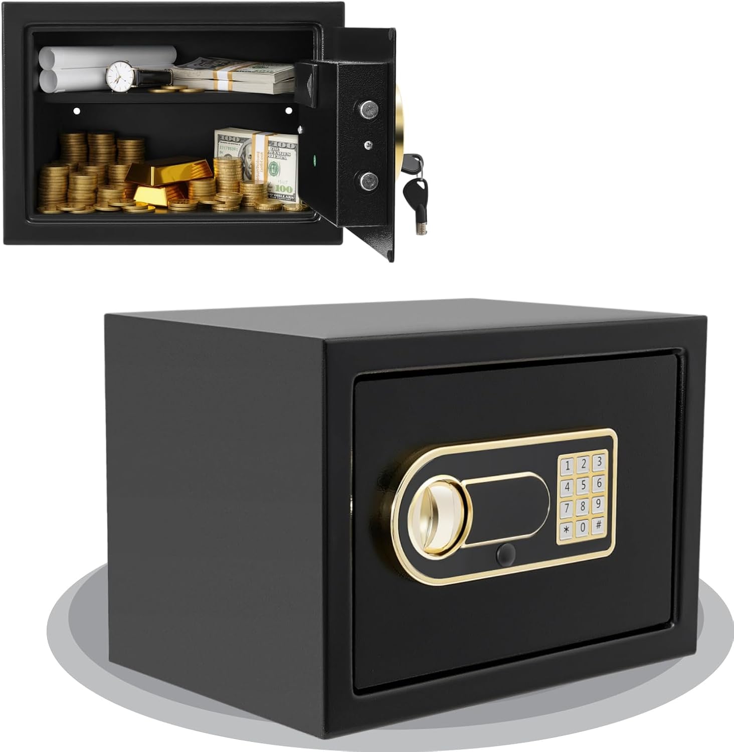 Large Safety Steel Fireproof Safe Box Digital Keypad Lock, Security Combination Safe with Silent Mode Keypad and Spare Keys, Digital Safe Box for Firearm Cash Jewelry Medicine Documents
