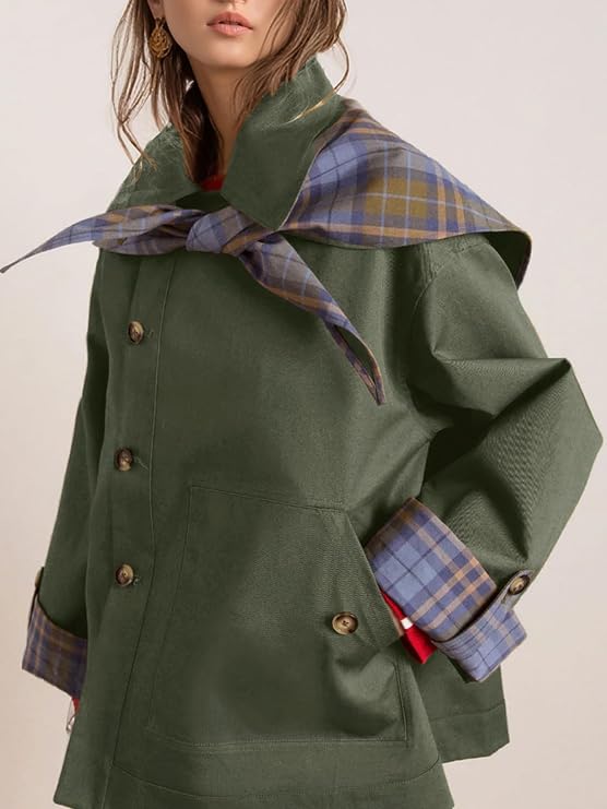 CHARTOU Women's Short Trench Coats Fall Notch Collar Plaid Reversible Oversized Jacket with Pockets