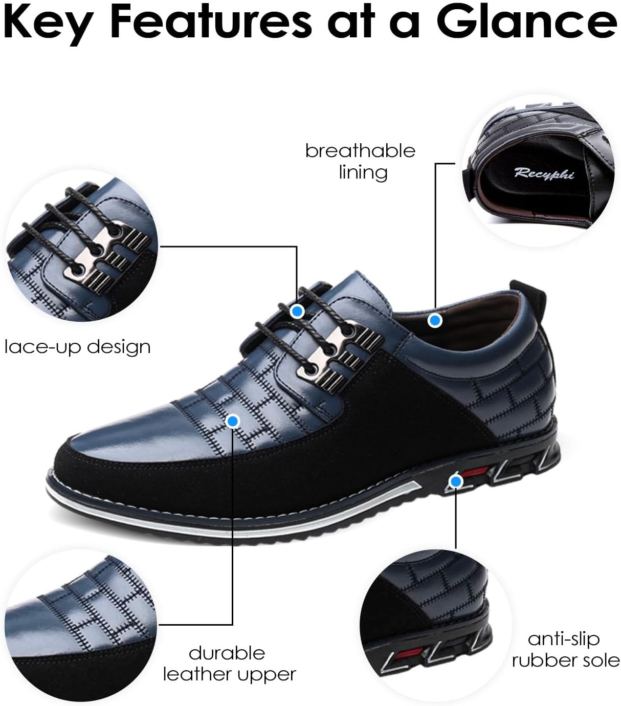 Recyphi メンズ オックスフォード ダービー 整形外科 レザー シューズ フォーマル ラグジュアリー ビジネス ドレス シュー