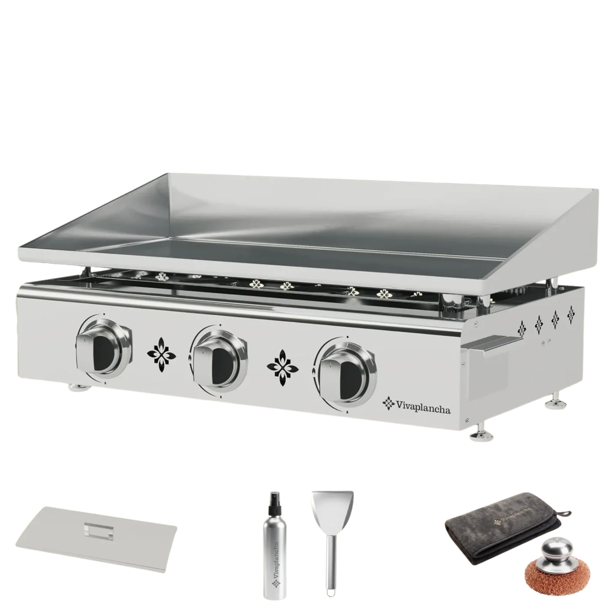 Plancha Gas Inox Placa de acero inoxidable macizo 6 mm de espesor Bandeja de cocción Semi Profesional (3 + Accesorios)