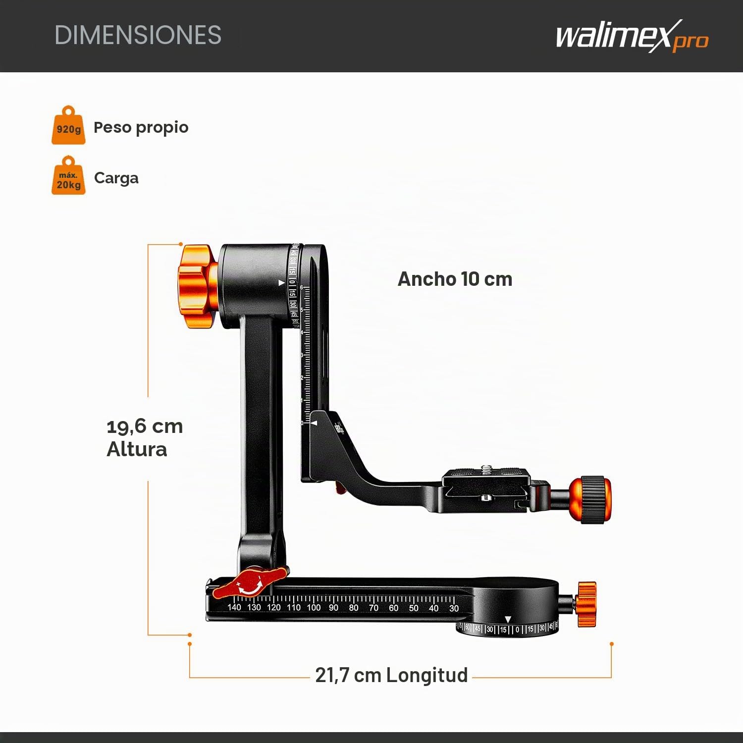 Walimex Pro Gimbal Head A20 - Cabezal de trípode (panorámico de 360 Grados, con Placa de liberación rápida Arca, soporta hasta 20 kg, con Bolsa, para Objetivos DSLR DSLM)