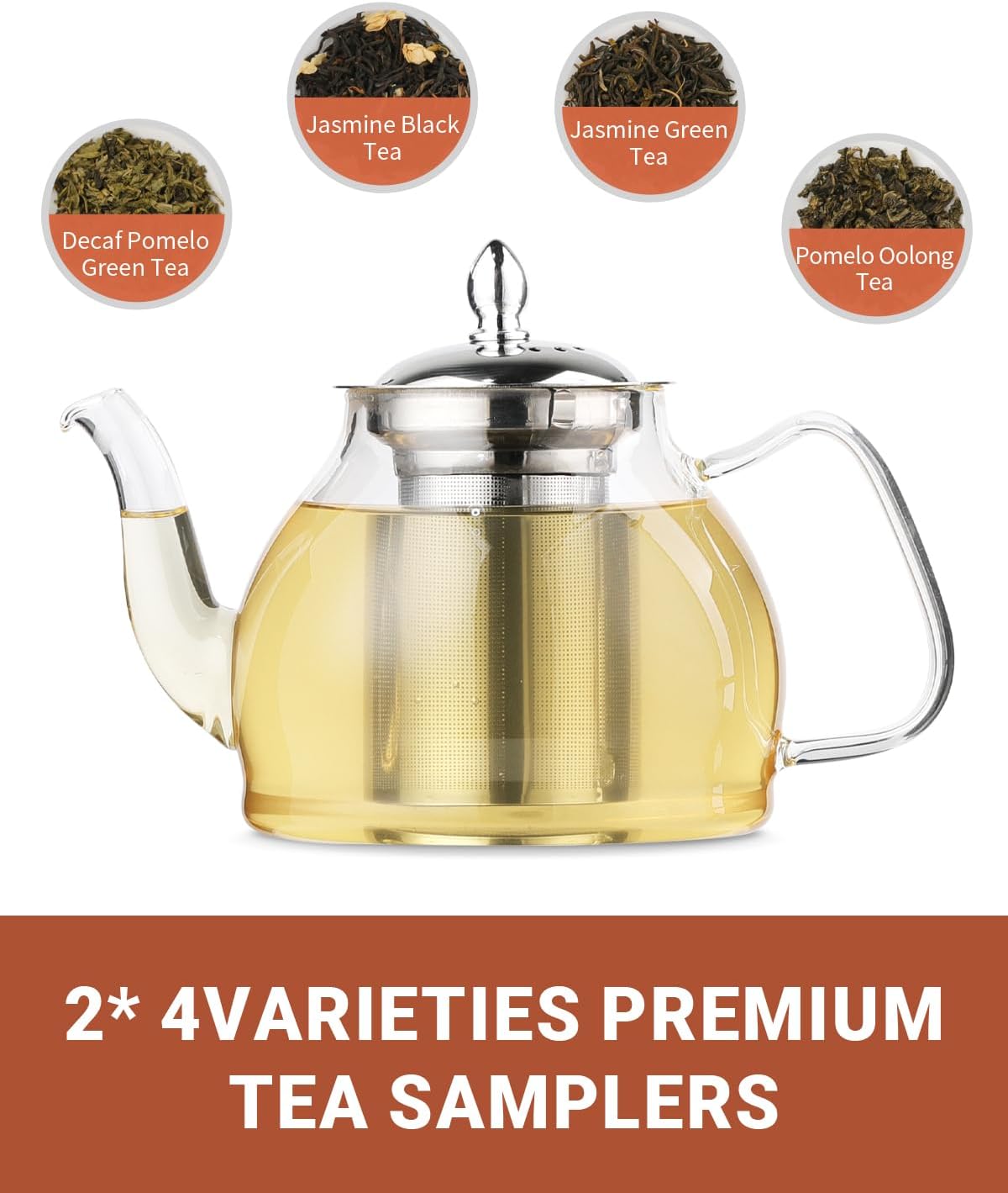 TETWIN Glass Teapot with loose leaf tea samplers, 34oz Stovetop Safe Tea Pot with Removable Infuser