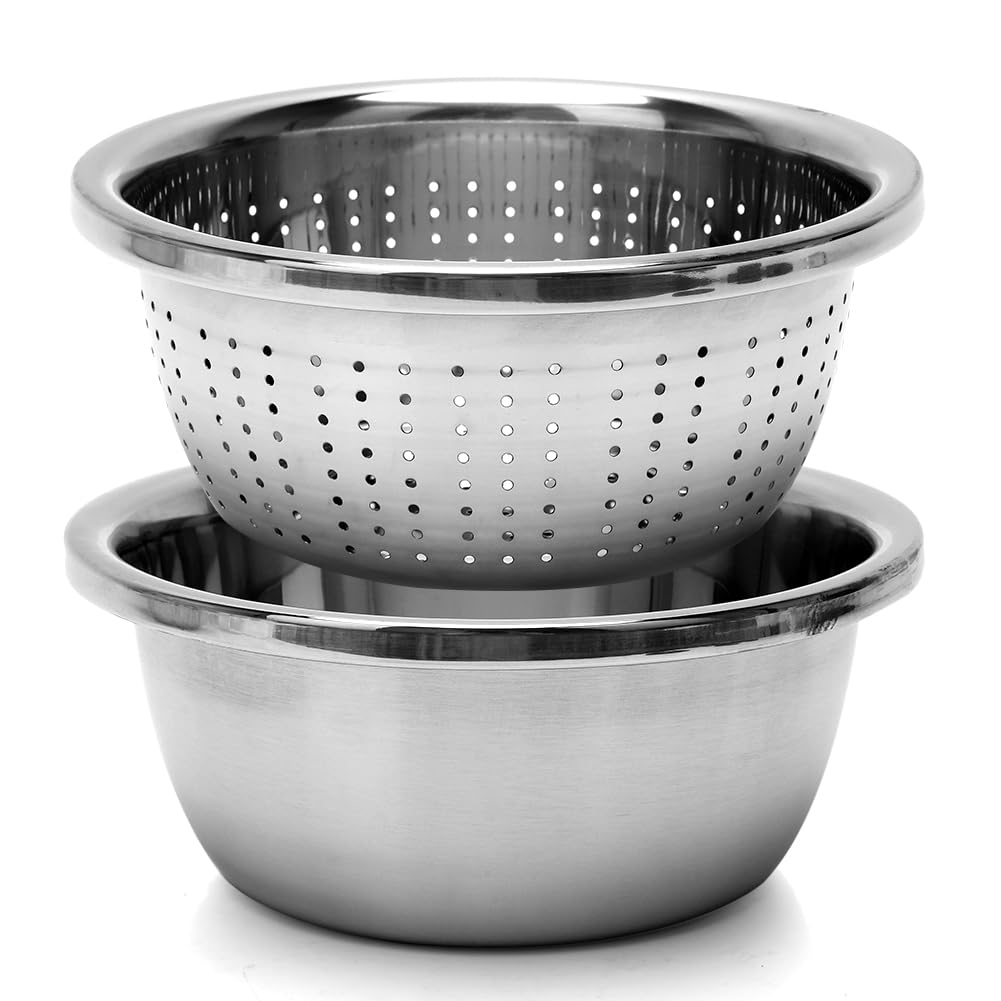 Colino per pasta in acciaio inox, colino cucina, colino per verdure, set di colino in acciaio inox, 22 cm, con ciotola, colino da cucina per lavare pasta, frutta, verdura, lavabile in lavastoviglie (2