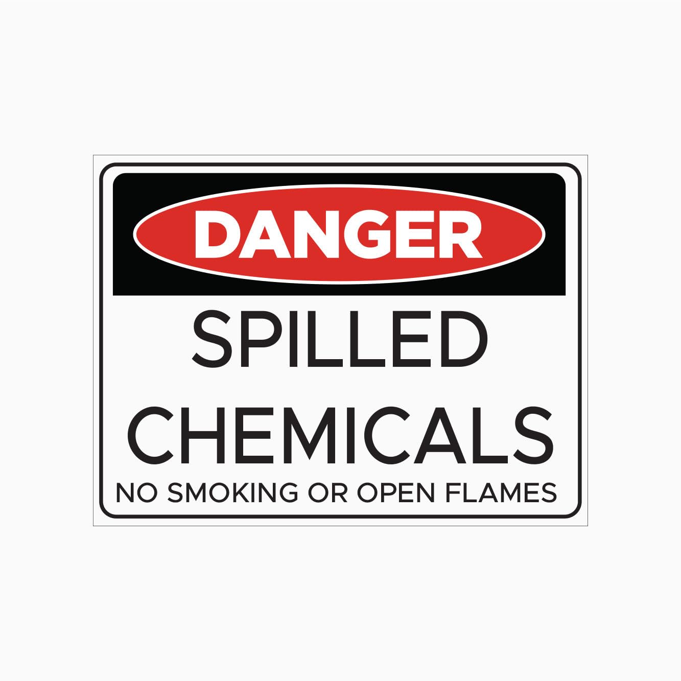 SPILLED CHEMICALS - NO SMOKING OR OPEN FLAMES Sign, 12x8 Metal Tin Sign, fire safety warning for chemical spill zones.
