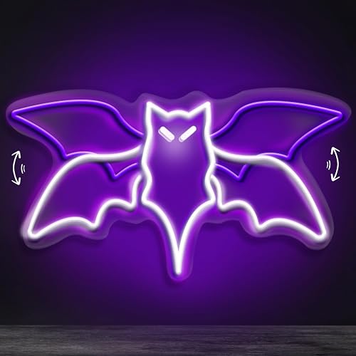 Bat Neon Sign – Flying Bat LED Wall Sign for Halloween, Gothic Room Decor | Goth Led Light for Witchcraft Festival Decor, Horror Party Wall Art, 15" x 7.7" - Purple Flashing Bat