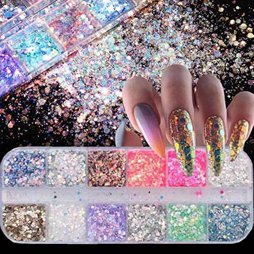 12 Colors Nail Art Glitter Sequins Hexagon Mermaid Nail Flakes Holographic Nail Glitter Flakes Shiny Nail Art Charm Nail Supplies For Women And Girls Diy Acrylic Manicure Make Up Decoration #TOP2